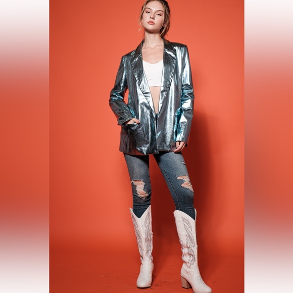 18 Metallic Faux Leather Chic  Open Blazer Jacket - Picture 3 of 6